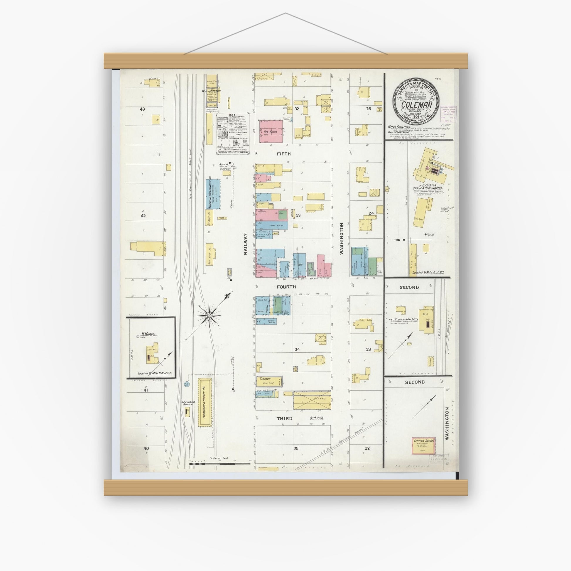 Old map wall art mockup — magnetic wood frame on white wall — Sanborn Fire Insurance Map from Coleman, Midland County, Michigan (1908), Sheet #0001