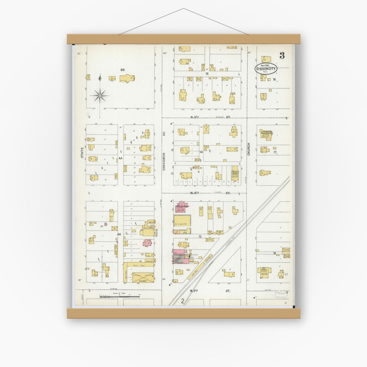 Old map wall art mockup — magnetic wood frame on white wall — Sanborn Fire Insurance Map from Gibson City, Ford County, Illinois (1900), Sheet #0003