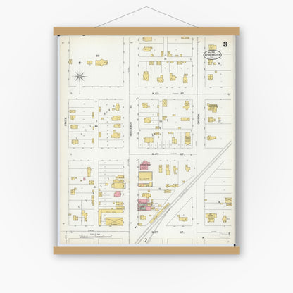 Old map wall art mockup — magnetic wood frame on white wall — Sanborn Fire Insurance Map from Gibson City, Ford County, Illinois (1900), Sheet #0003