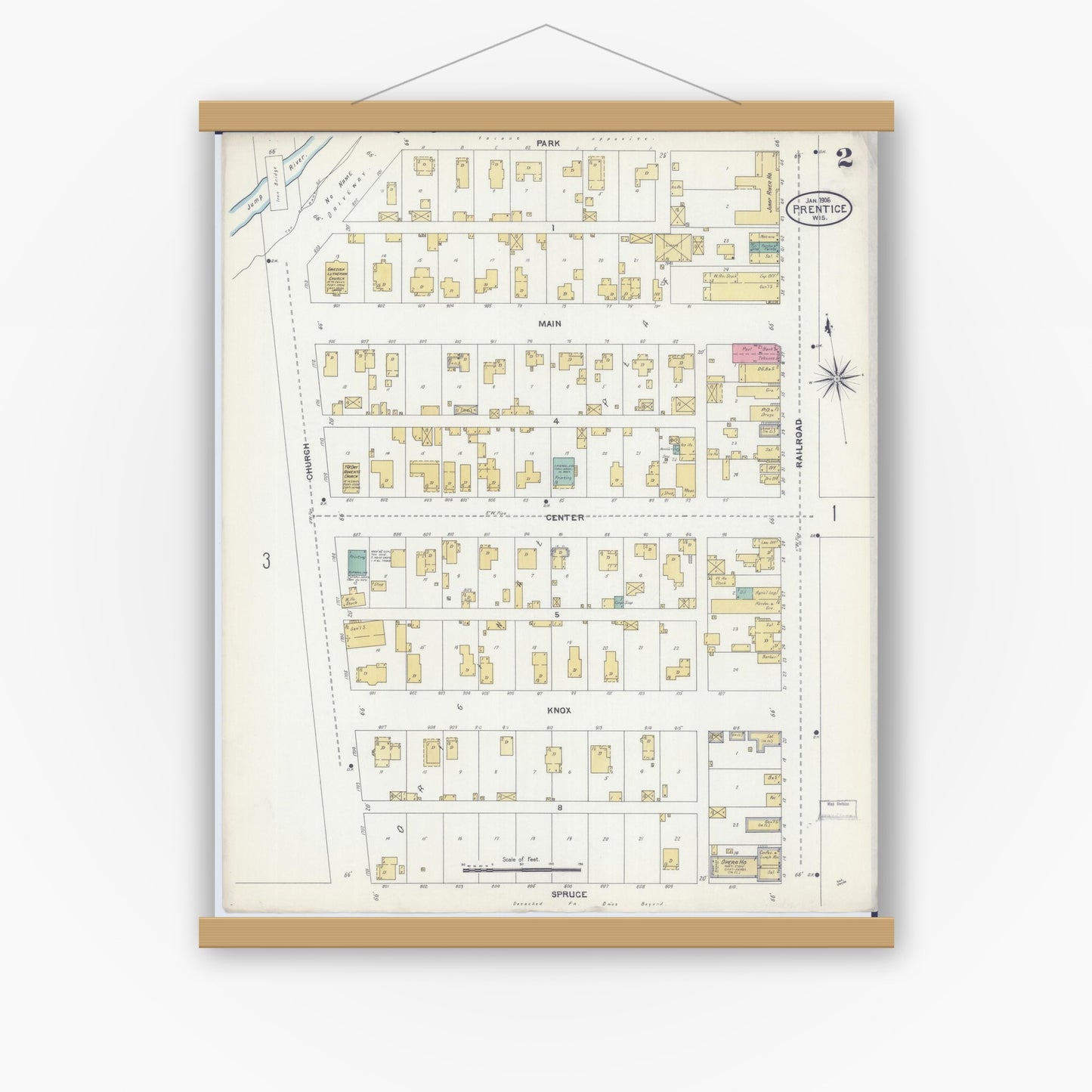 Old map wall art mockup — magnetic wood frame on white wall — Sanborn Fire Insurance Map from Prentice, Price County, Wisconsin (1906), Sheet #0002