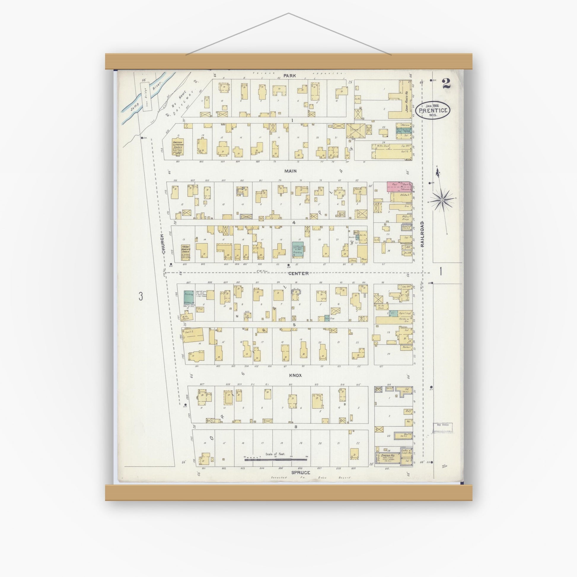 Old map wall art mockup — magnetic wood frame on white wall — Sanborn Fire Insurance Map from Prentice, Price County, Wisconsin (1906), Sheet #0002