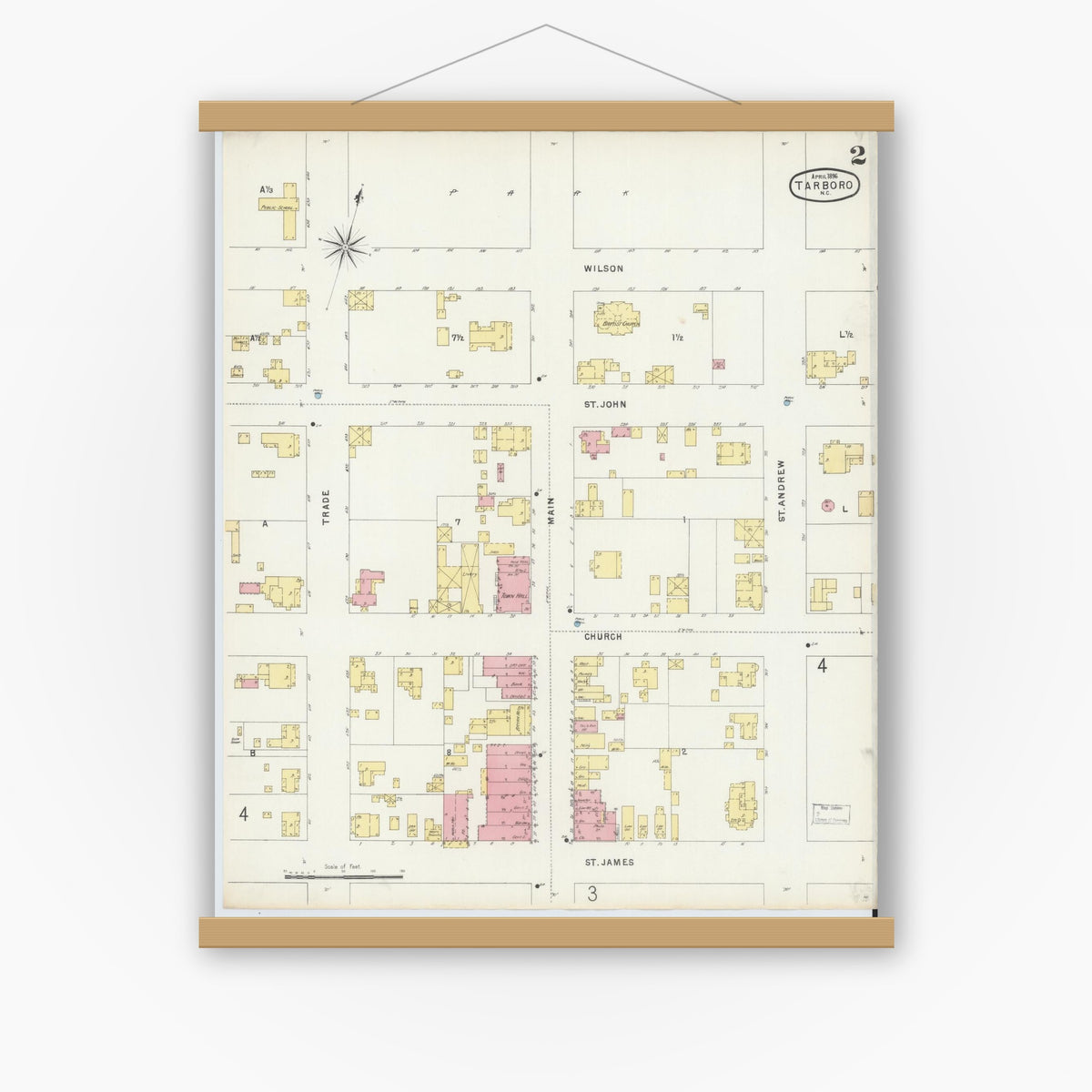 Old map wall art mockup — magnetic wood frame on white wall — Sanborn Fire Insurance Map from Tarboro, Edgecombe County, North Carolina (1896), Sheet #0002