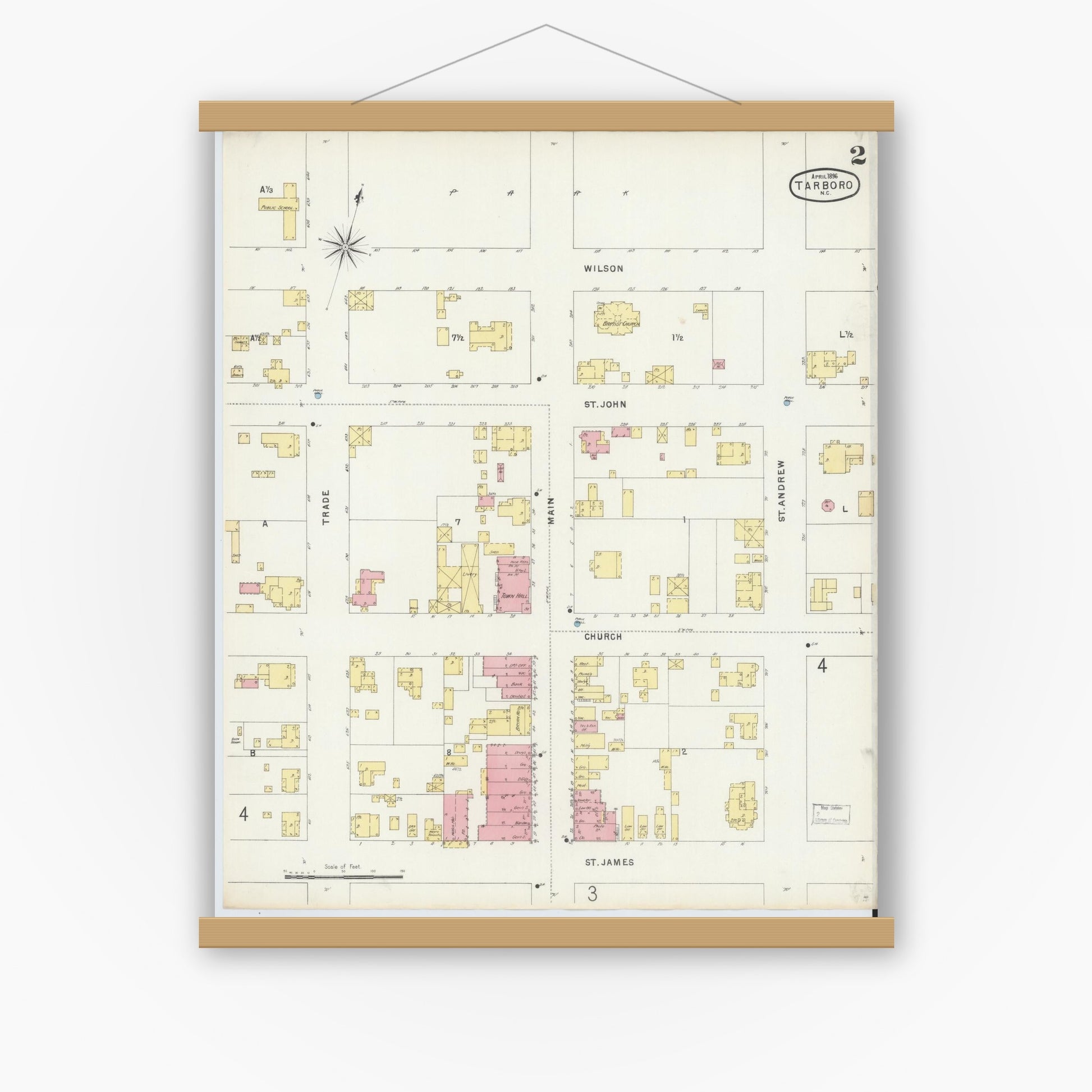 Old map wall art mockup — magnetic wood frame on white wall — Sanborn Fire Insurance Map from Tarboro, Edgecombe County, North Carolina (1896), Sheet #0002