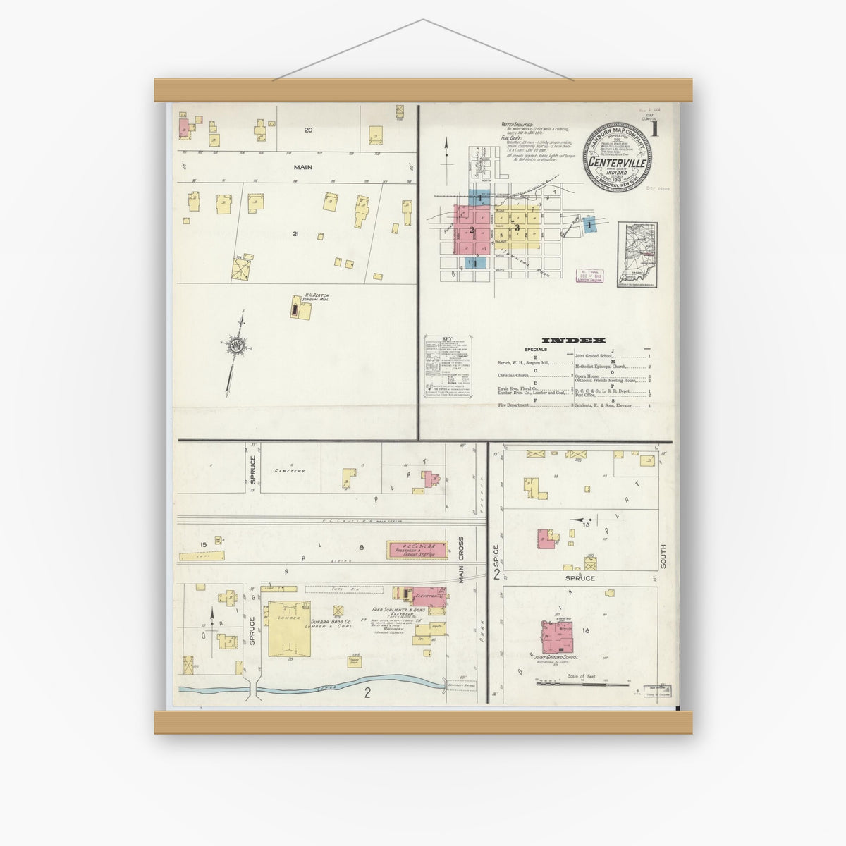 Old map wall art mockup — magnetic wood frame on white wall — Sanborn Fire Insurance Map from Centerville, Wayne County, Indiana (1913), Sheet #0001