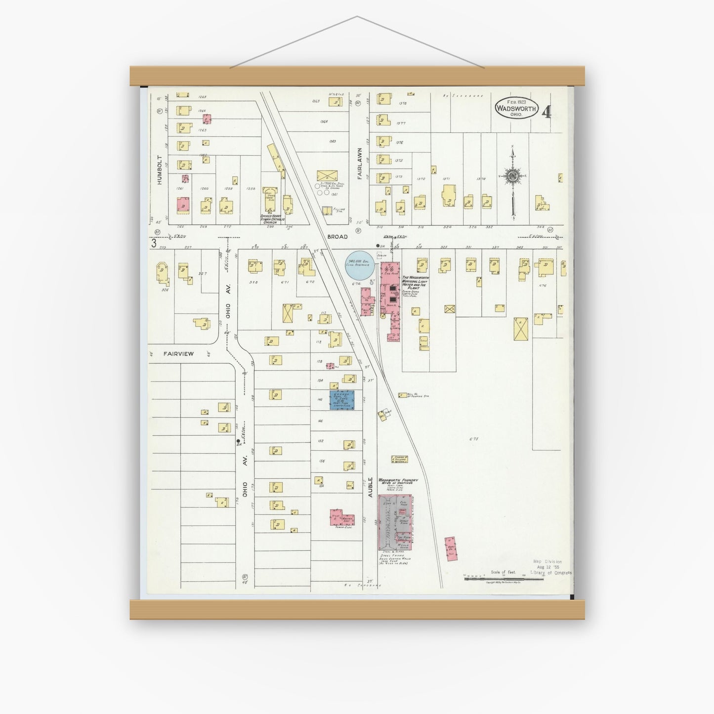 Old map wall art mockup — magnetic wood frame on white wall — Sanborn Fire Insurance Map from Wadsworth, Medina County, Ohio (1923), Sheet #0004
