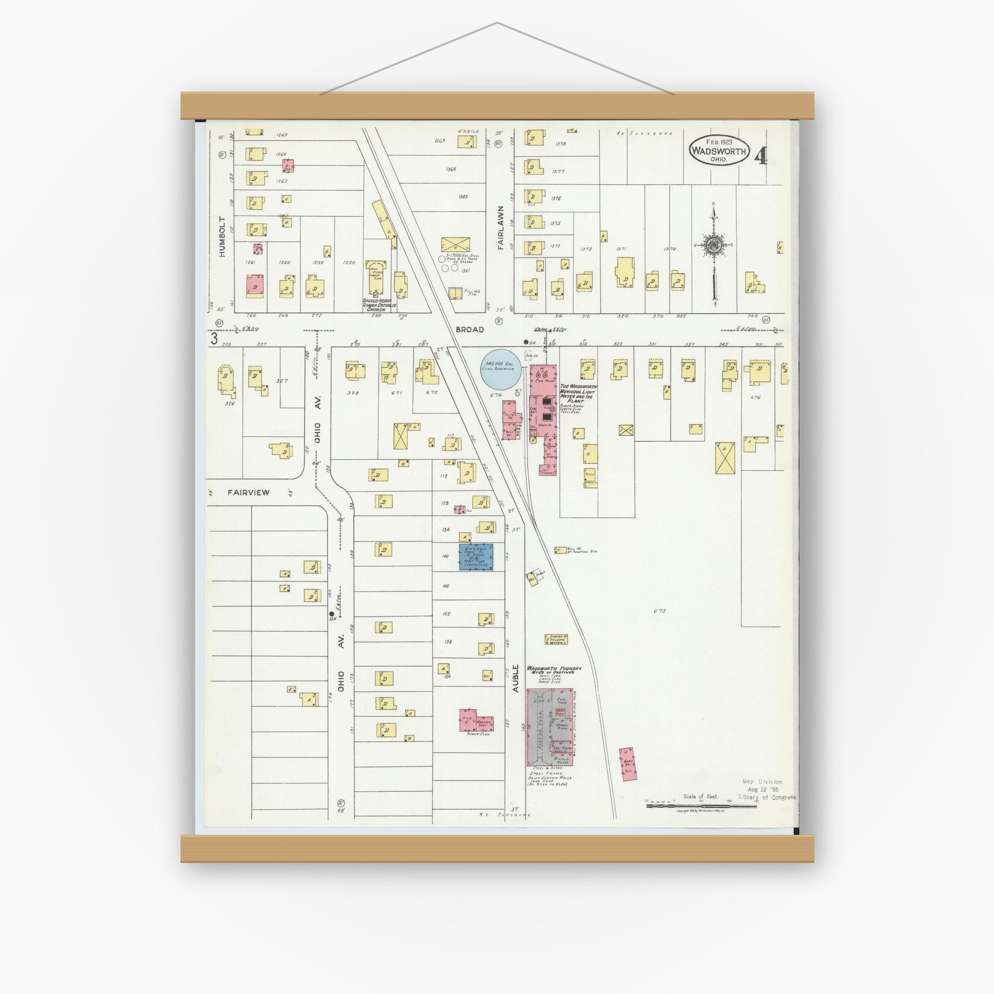 Old map wall art mockup — magnetic wood frame on white wall — Sanborn Fire Insurance Map from Wadsworth, Medina County, Ohio (1923), Sheet #0004