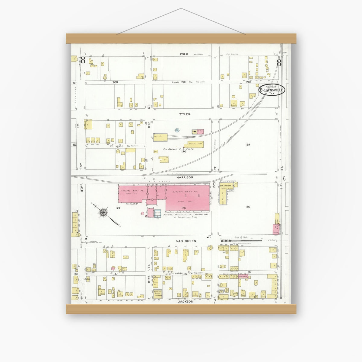 Old map wall art mockup — magnetic wood frame on white wall — Sanborn Fire Insurance Map from Brownsville, Cameron County, Texas (1926), Sheet #0008