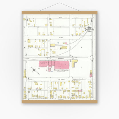 Old map wall art mockup — magnetic wood frame on white wall — Sanborn Fire Insurance Map from Brownsville, Cameron County, Texas (1926), Sheet #0008
