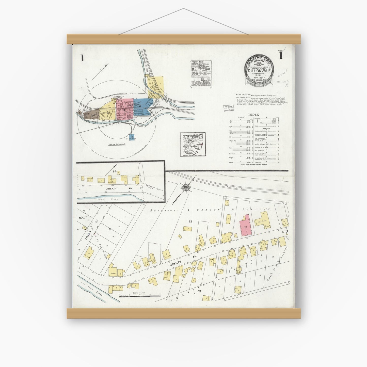 Old map wall art mockup — magnetic wood frame on white wall — Sanborn Fire Insurance Map from Dillonvale, Jefferson County, Ohio (1924), Sheet #0001