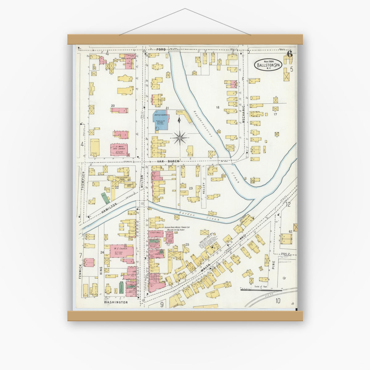 Old map wall art mockup — magnetic wood frame on white wall — Sanborn Fire Insurance Map from Ballston Spa, Saratoga County, New York (1904), Sheet #0006