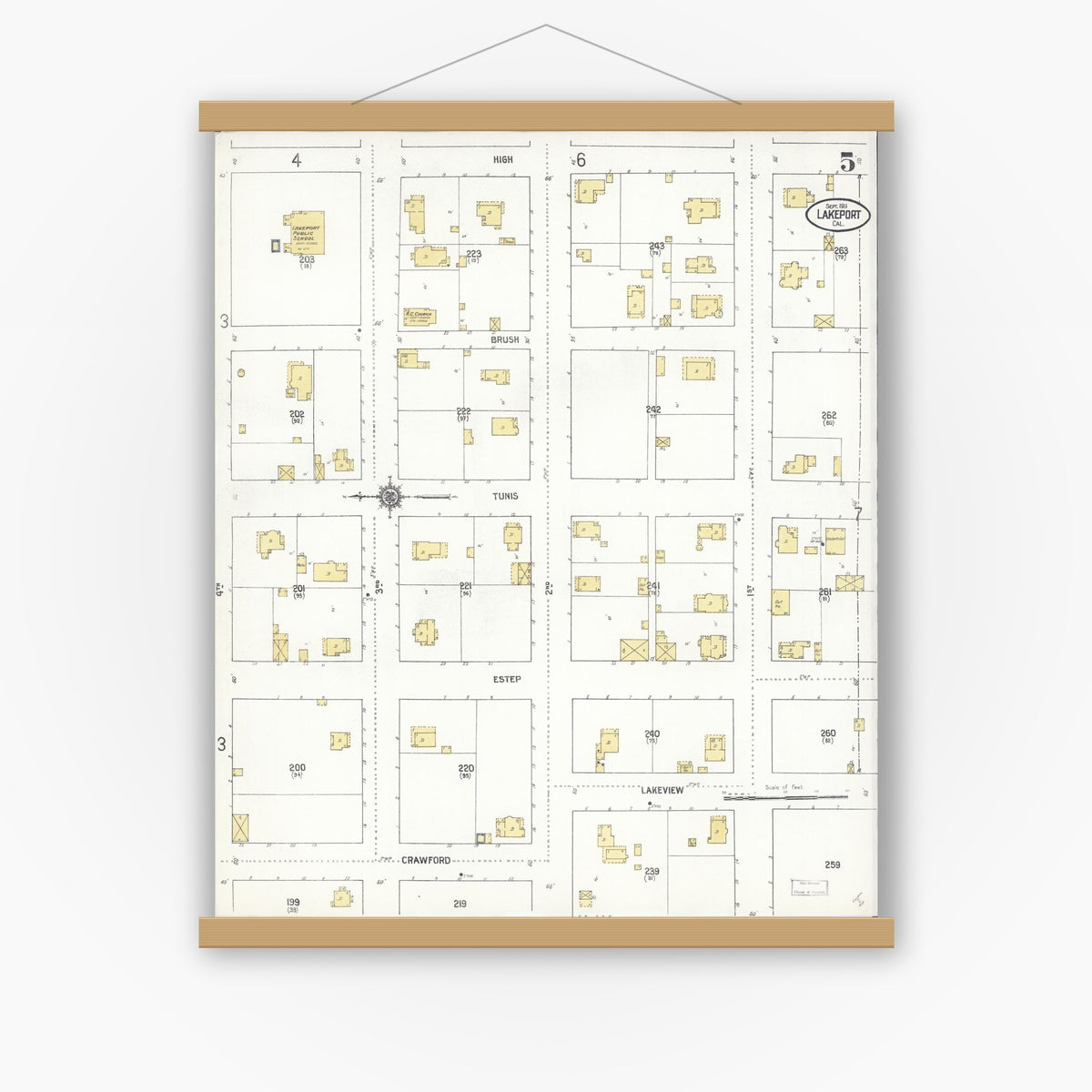 Old map wall art mockup — magnetic wood frame on white wall — Sanborn Fire Insurance Map from Lakeport, Lake County, California (1911), Sheet #0005