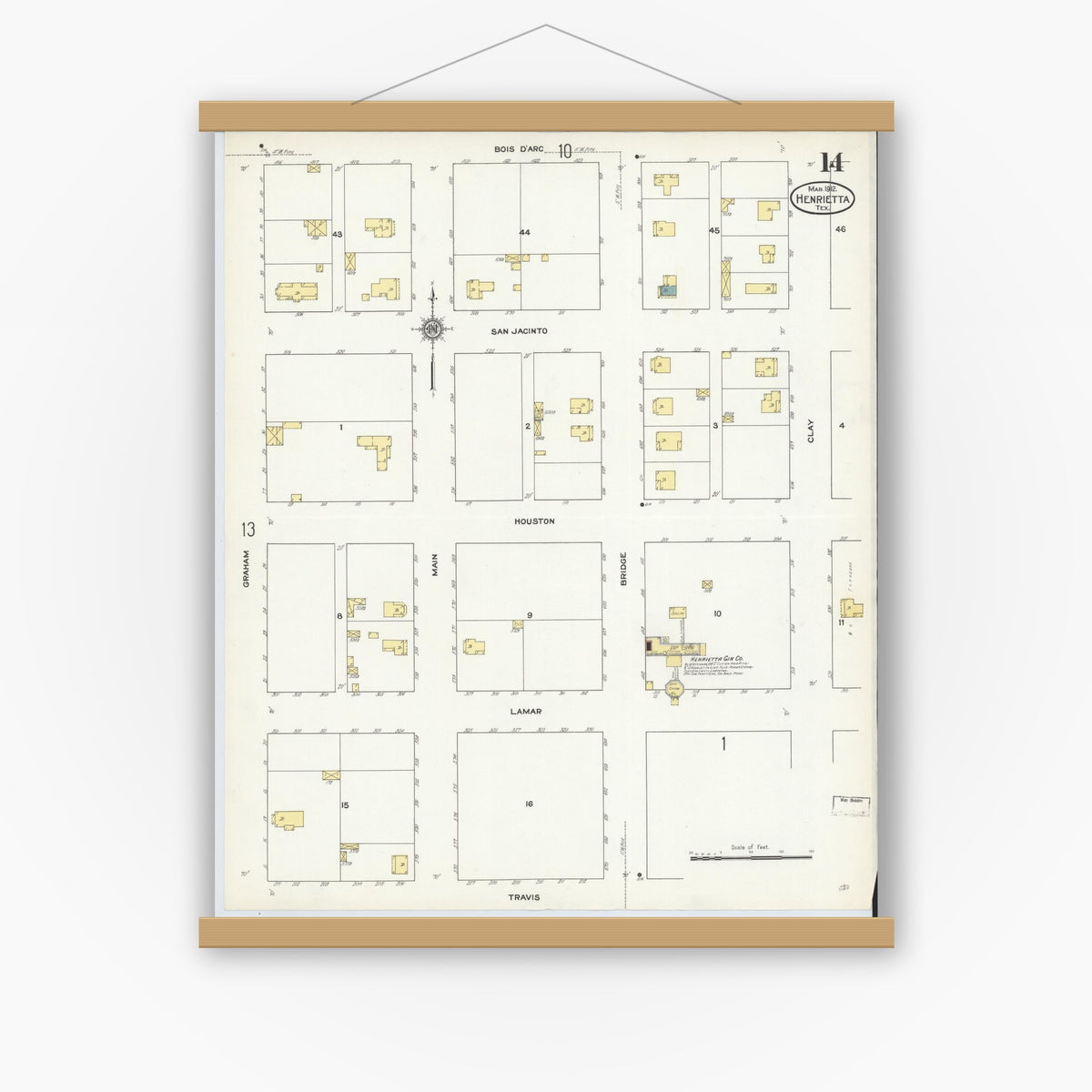 Old map wall art mockup — magnetic wood frame on white wall — Sanborn Fire Insurance Map from Henrietta, Clay County, Texas (1912), Sheet #0014