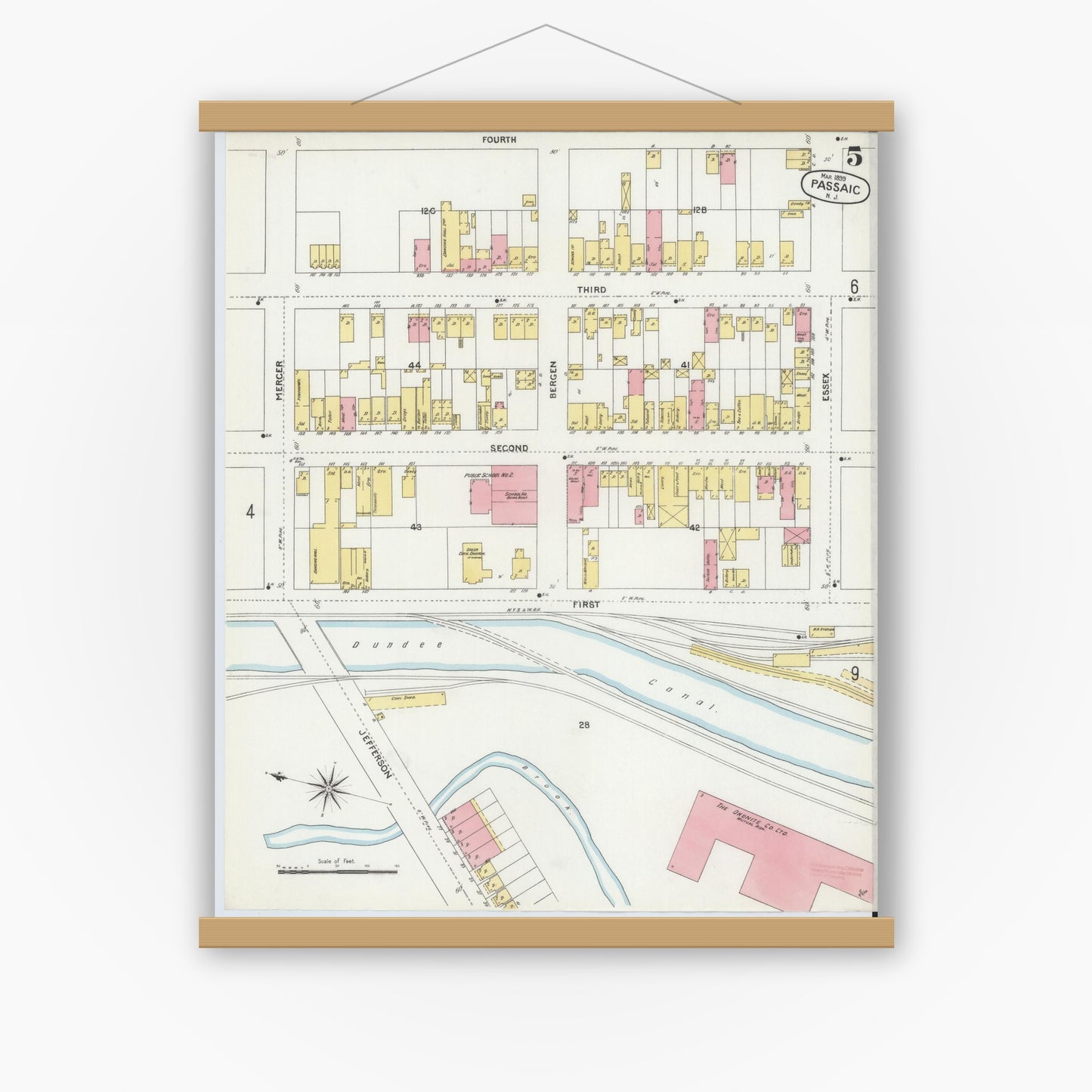 Old map wall art mockup — magnetic wood frame on white wall — Sanborn Fire Insurance Map from Passaic, Passaic County, New Jersey (1899), Sheet #0005