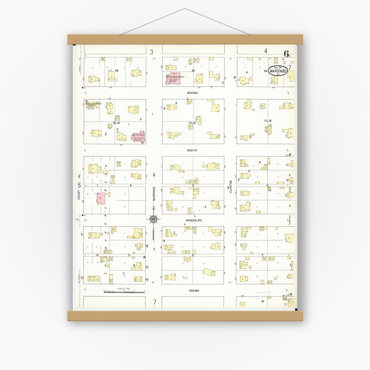 Old map wall art mockup — magnetic wood frame on white wall — Sanborn Fire Insurance Map from Marengo, Iowa County, Iowa (1911), Sheet #0006