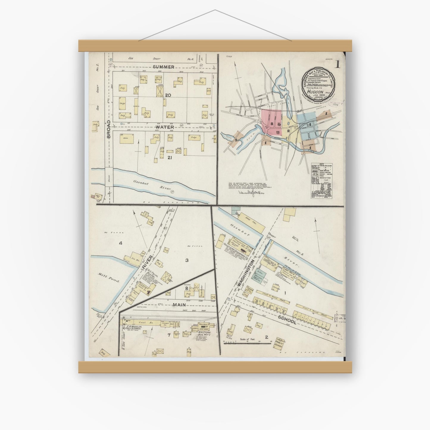 Old map wall art mockup — magnetic wood frame on white wall — Sanborn Fire Insurance Map from Hudson, Middlesex County, Massachusetts (1888), Sheet #0001