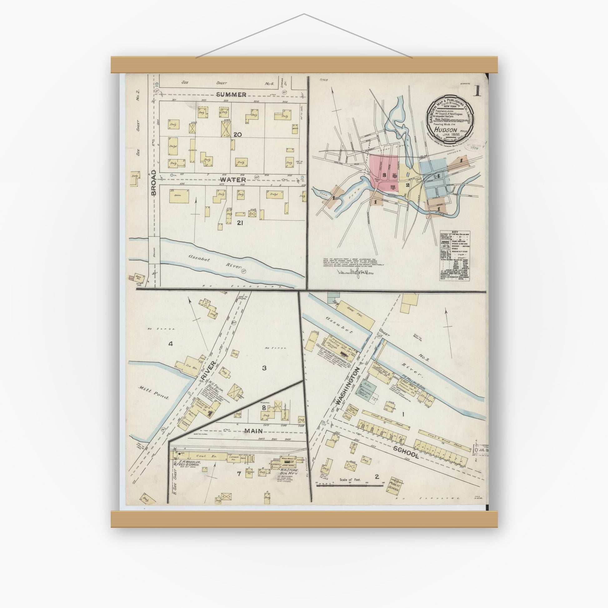 Old map wall art mockup — magnetic wood frame on white wall — Sanborn Fire Insurance Map from Hudson, Middlesex County, Massachusetts (1888), Sheet #0001