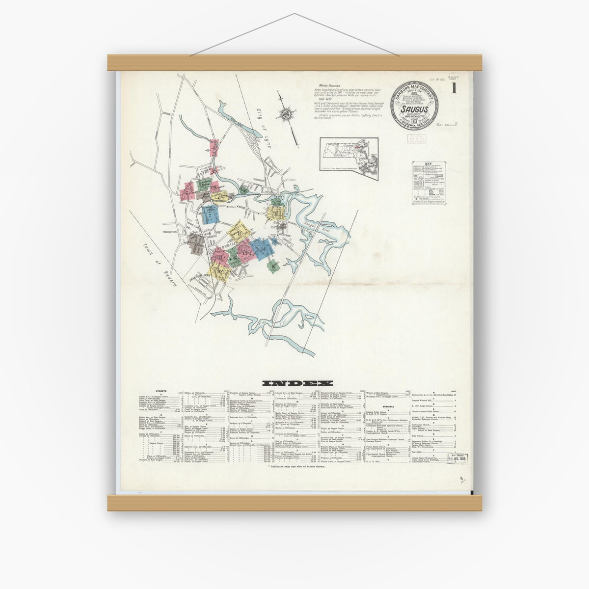 Old map wall art mockup — magnetic wood frame on white wall — Sanborn Fire Insurance Map from Saugus, Essex County, Massachusetts (1913) - Complete Map Set
