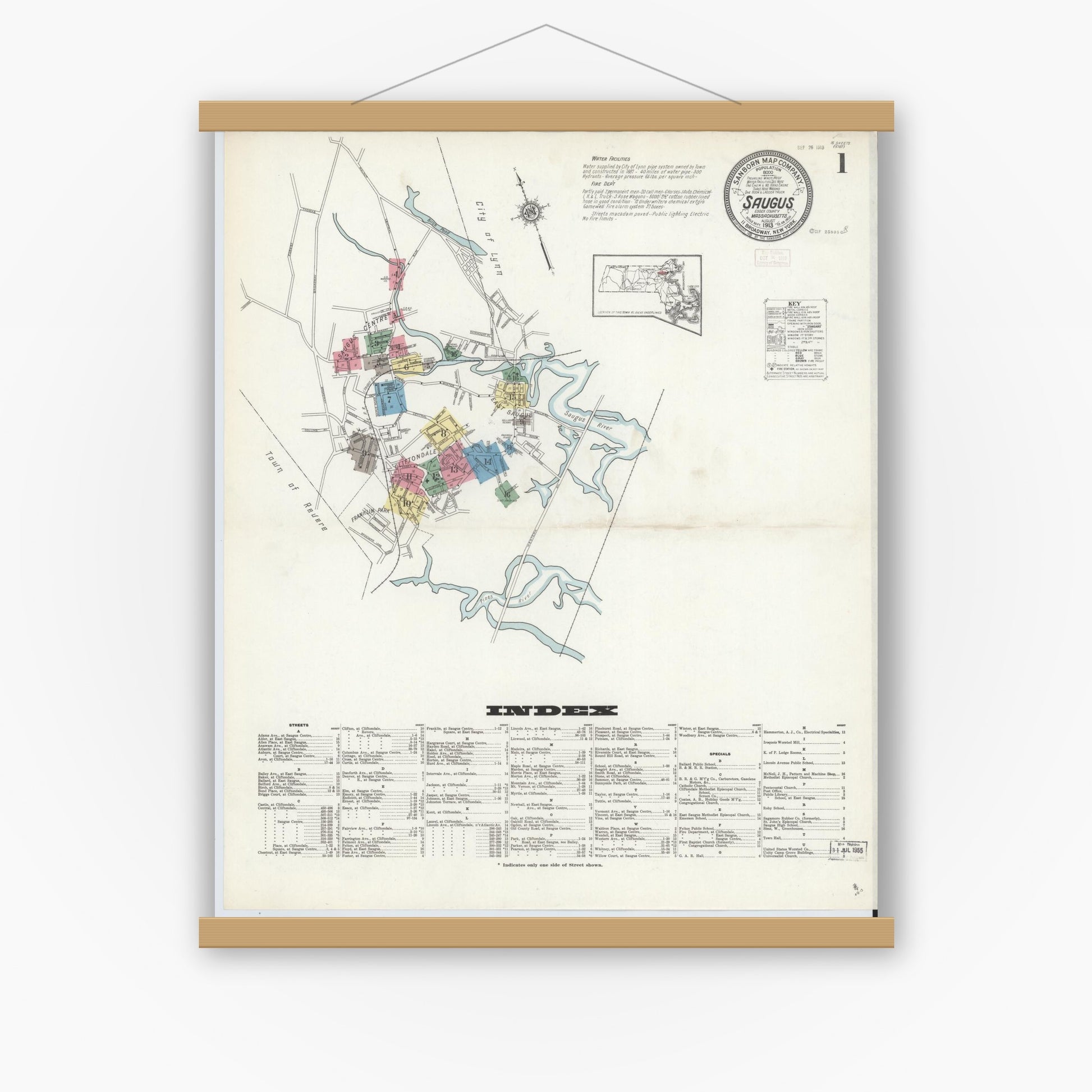 Old map wall art mockup — magnetic wood frame on white wall — Sanborn Fire Insurance Map from Saugus, Essex County, Massachusetts (1913) - Complete Map Set