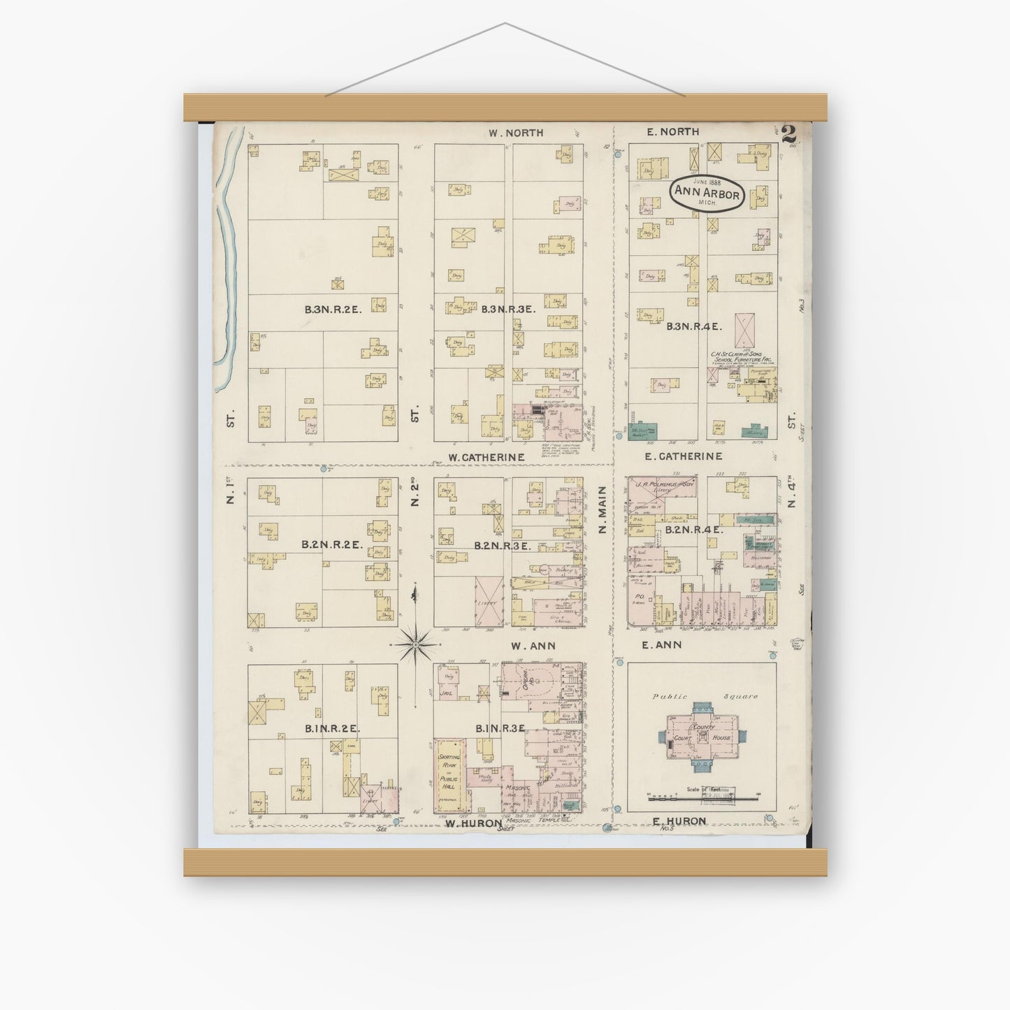 Old map wall art mockup — magnetic wood frame on white wall — Sanborn Fire Insurance Map from Ann Arbor, Washtenaw County, Michigan (1888), Sheet #0002