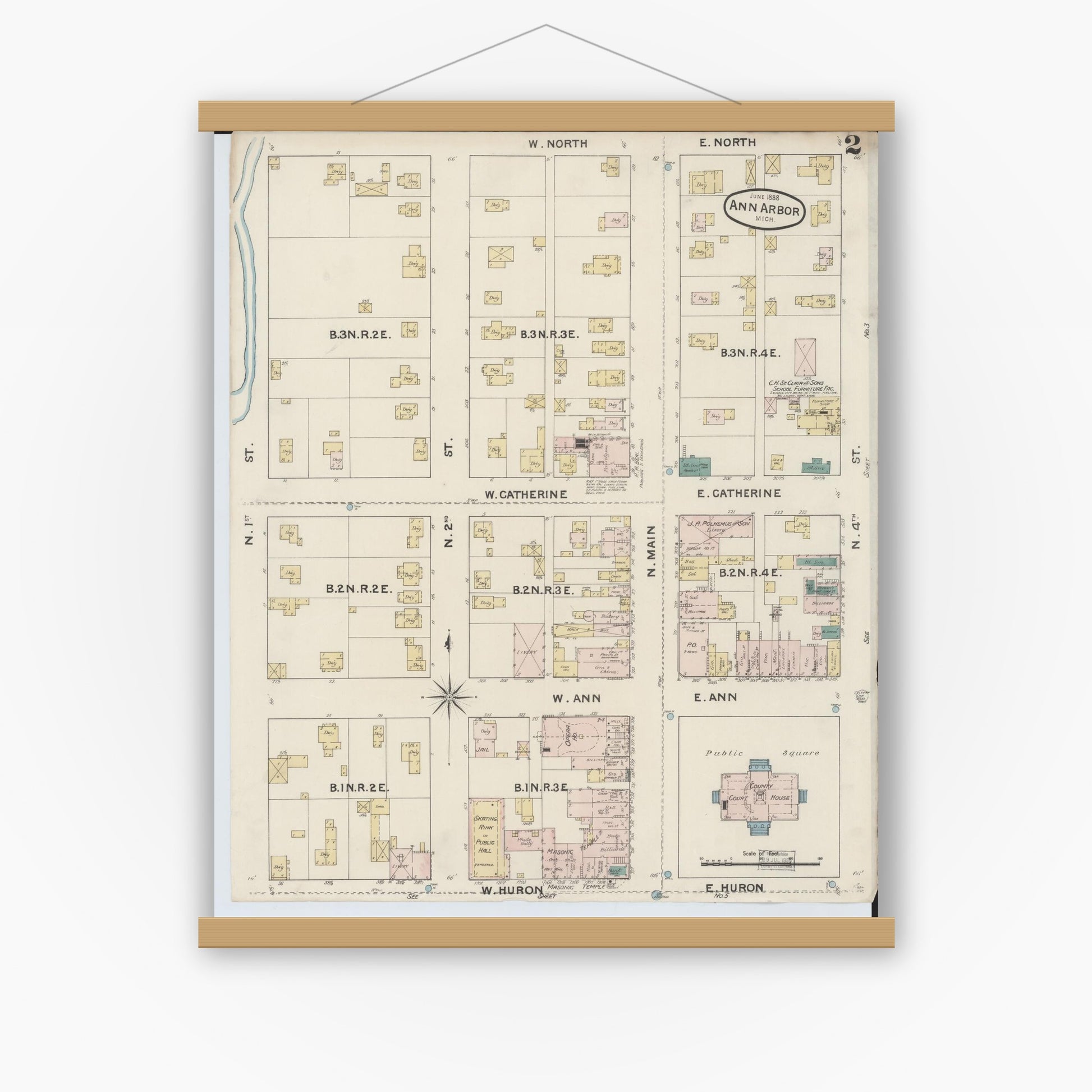 Old map wall art mockup — magnetic wood frame on white wall — Sanborn Fire Insurance Map from Ann Arbor, Washtenaw County, Michigan (1888), Sheet #0002