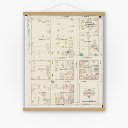 Old map wall art mockup — magnetic wood frame on white wall — Sanborn Fire Insurance Map from Ann Arbor, Washtenaw County, Michigan (1888), Sheet #0002