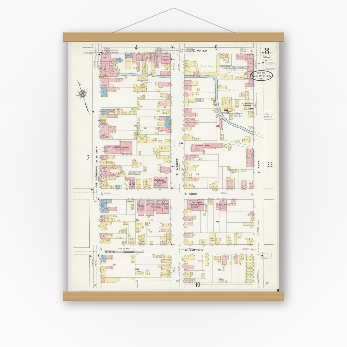 Old map wall art mockup — magnetic wood frame on white wall — Sanborn Fire Insurance Map from Winchester, Independent Cities, Virginia (1912), Sheet #0008