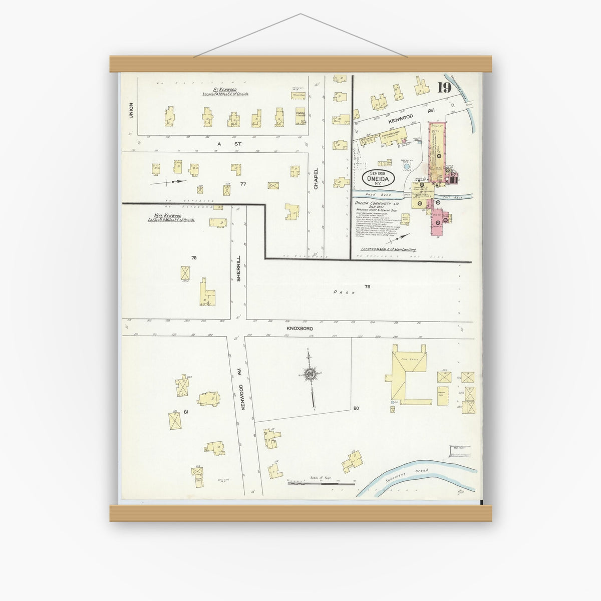 Old map wall art mockup — magnetic wood frame on white wall — Sanborn Fire Insurance Map from Oneida, Madison County, New York (1909), Sheet #0019