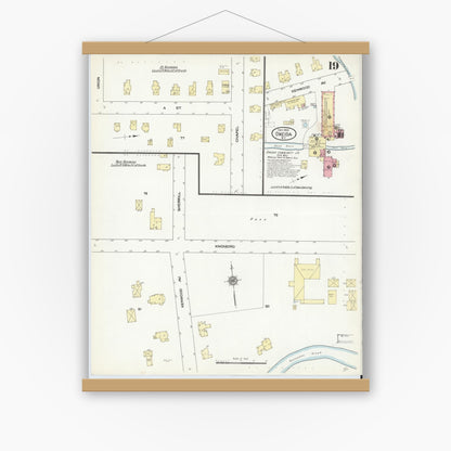 Old map wall art mockup — magnetic wood frame on white wall — Sanborn Fire Insurance Map from Oneida, Madison County, New York (1909), Sheet #0019