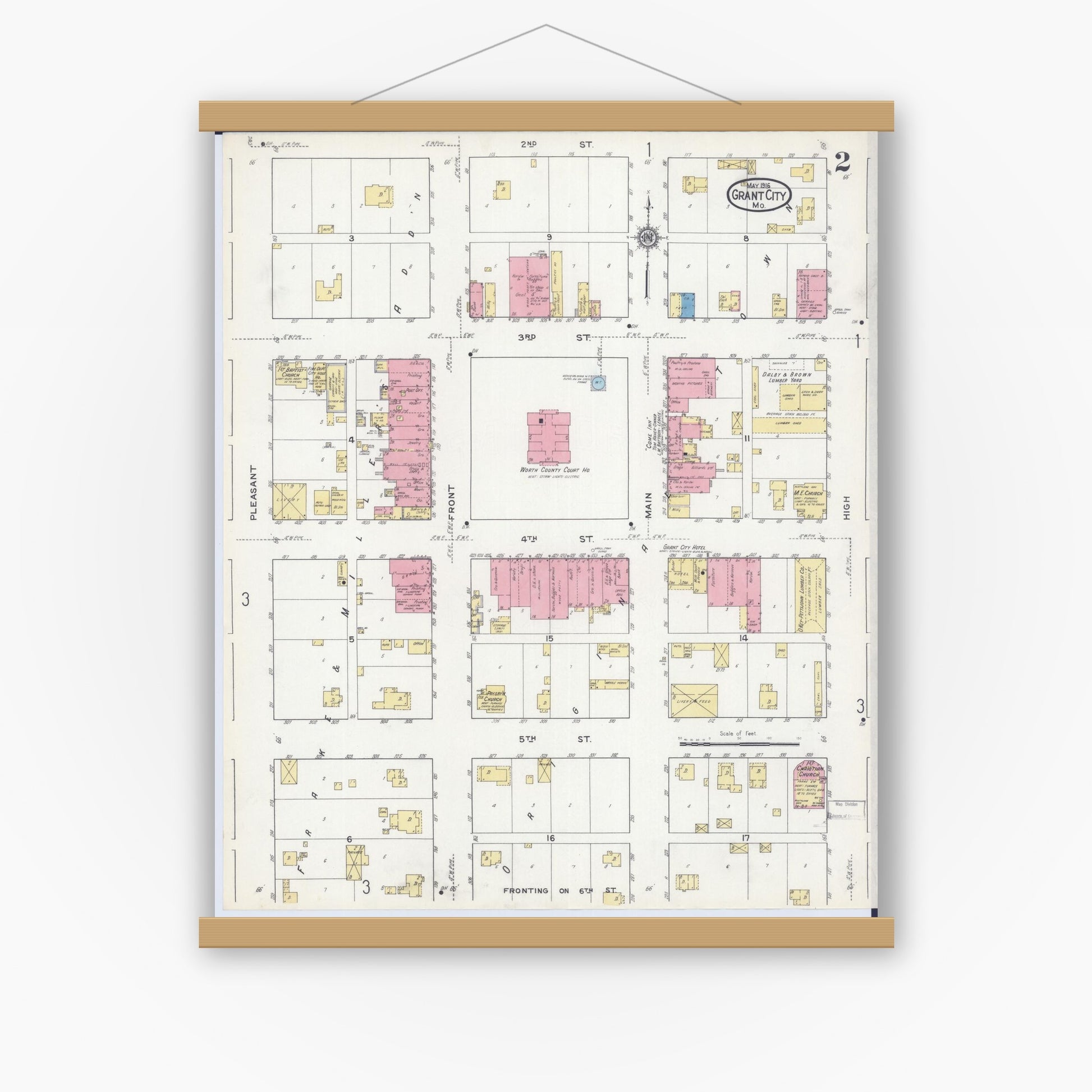 Old map wall art mockup — magnetic wood frame on white wall — Sanborn Fire Insurance Map from Grant City, Worth County, Missouri (1916), Sheet #0002
