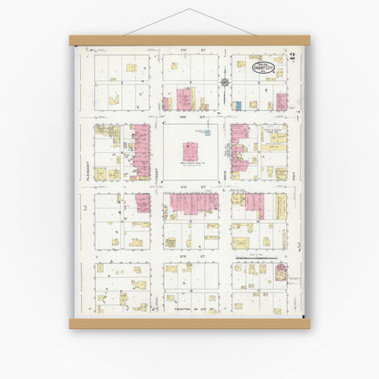 Old map wall art mockup — magnetic wood frame on white wall — Sanborn Fire Insurance Map from Grant City, Worth County, Missouri (1916), Sheet #0002