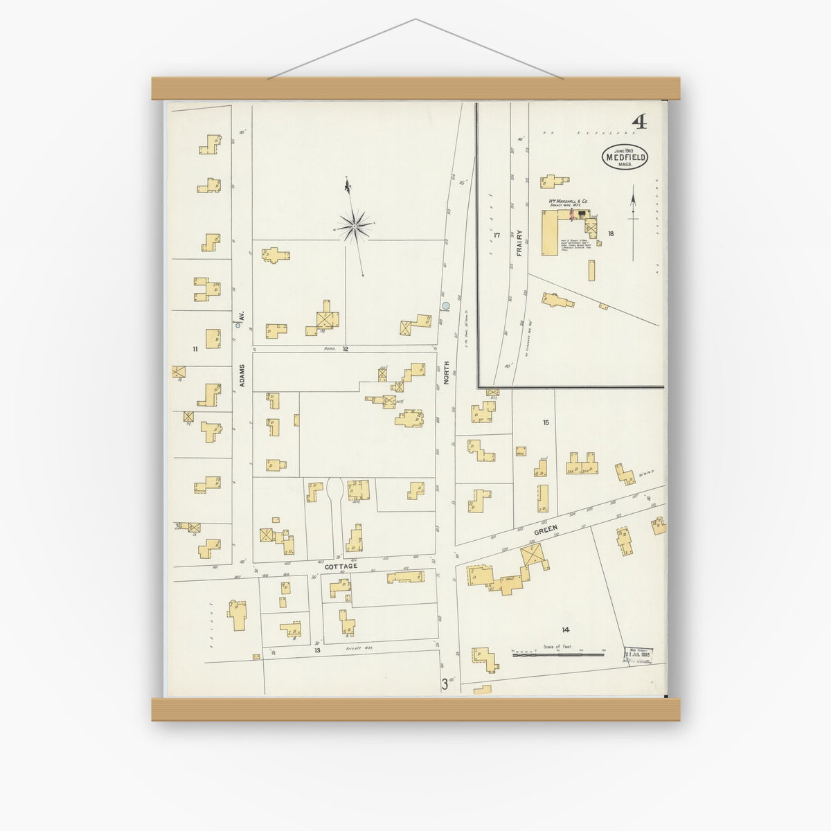 Old map wall art mockup — magnetic wood frame on white wall — Sanborn Fire Insurance Map from Medfield, Norfolk County, Massachusetts (1903), Sheet #0004