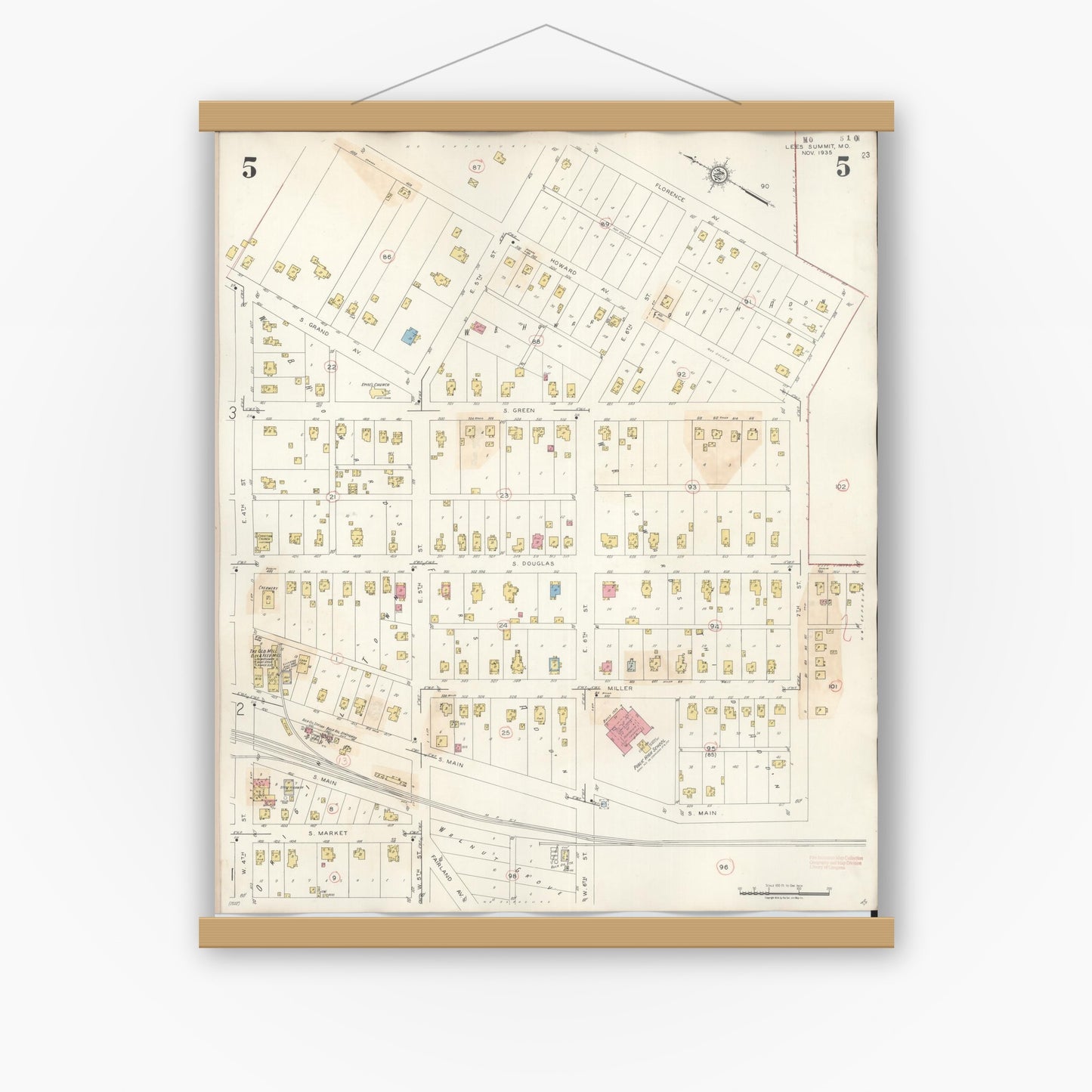 Old map wall art mockup — magnetic wood frame on white wall — Sanborn Fire Insurance Map from Lee's Summit, Jackson County, Missouri (1945), Sheet #0005