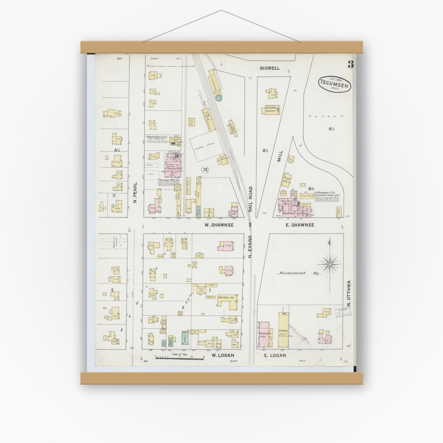 Old map wall art mockup — magnetic wood frame on white wall — Sanborn Fire Insurance Map from Tecumseh, Lenawee County, Michigan (1888), Sheet #0003