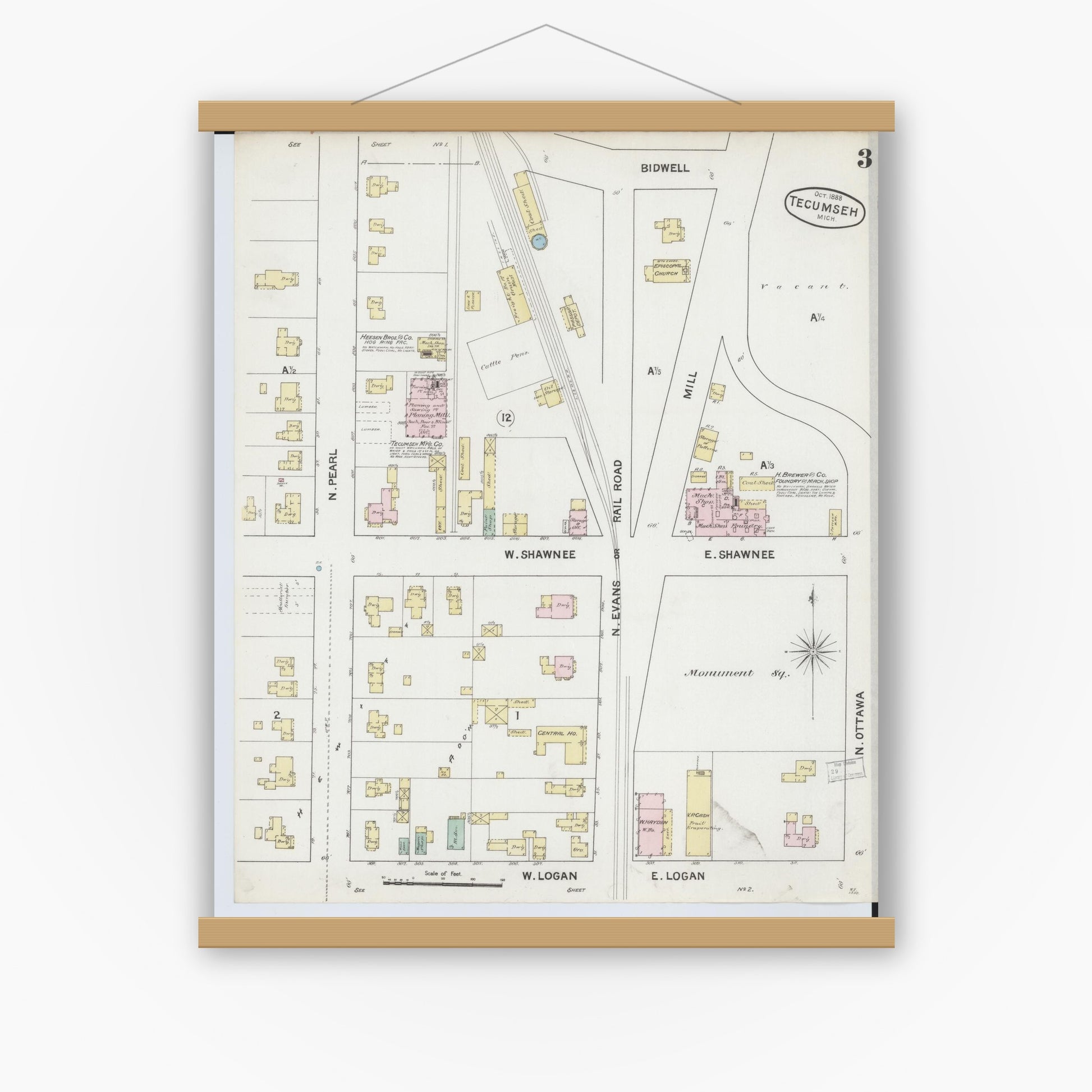 Old map wall art mockup — magnetic wood frame on white wall — Sanborn Fire Insurance Map from Tecumseh, Lenawee County, Michigan (1888), Sheet #0003
