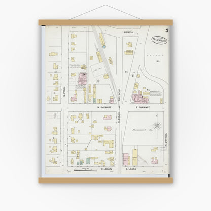 Old map wall art mockup — magnetic wood frame on white wall — Sanborn Fire Insurance Map from Tecumseh, Lenawee County, Michigan (1888), Sheet #0003