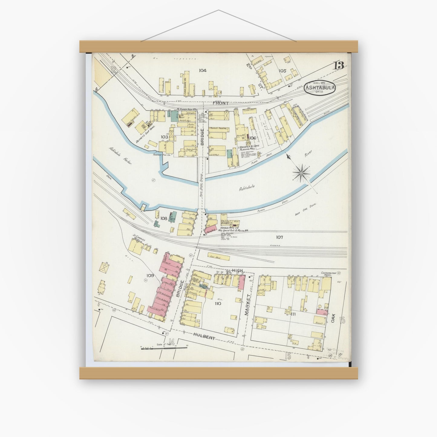 Old map wall art mockup — magnetic wood frame on white wall — Sanborn Fire Insurance Map from Ashtabula, Ashtabula County, Ohio (1893), Sheet #0013