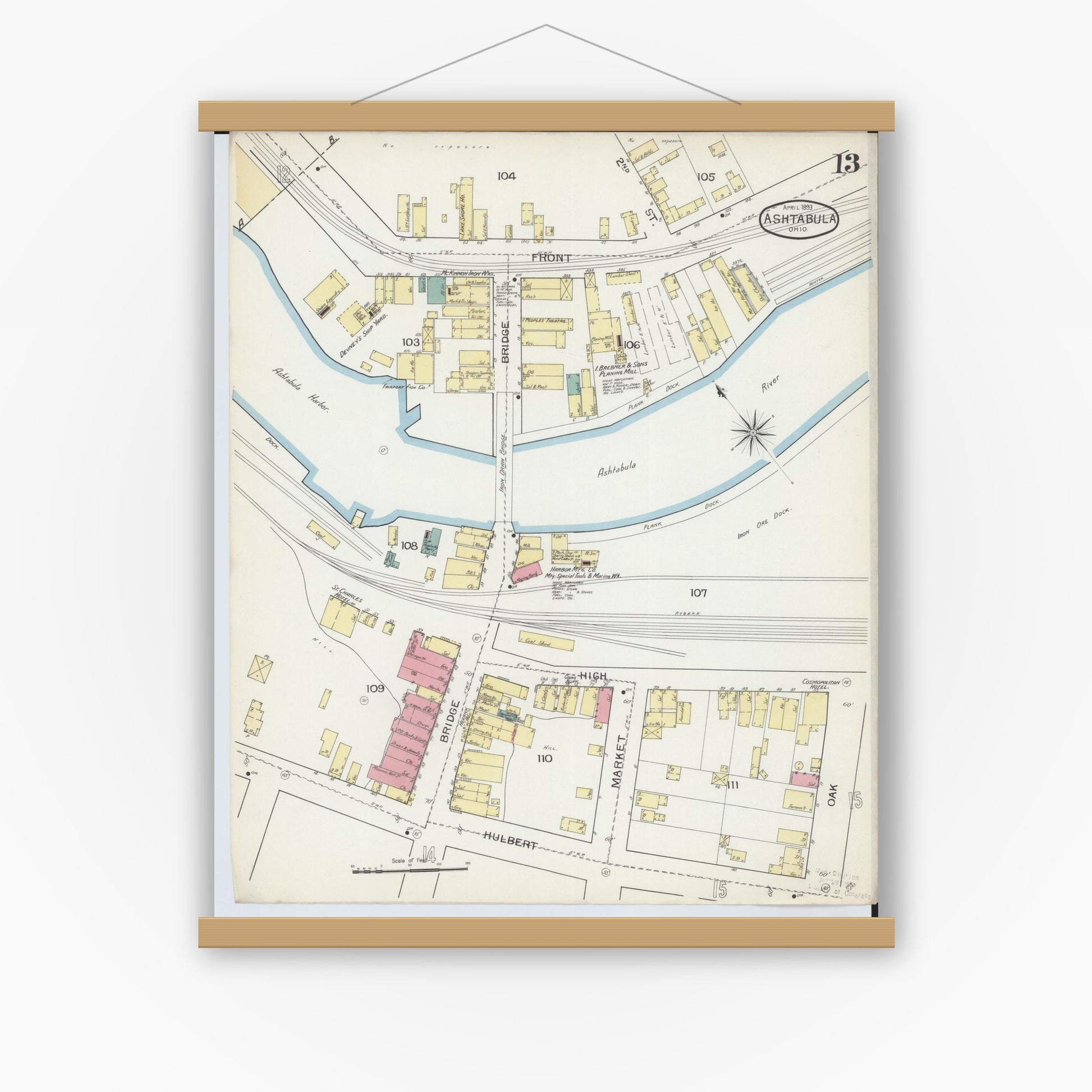 Old map wall art mockup — magnetic wood frame on white wall — Sanborn Fire Insurance Map from Ashtabula, Ashtabula County, Ohio (1893), Sheet #0013