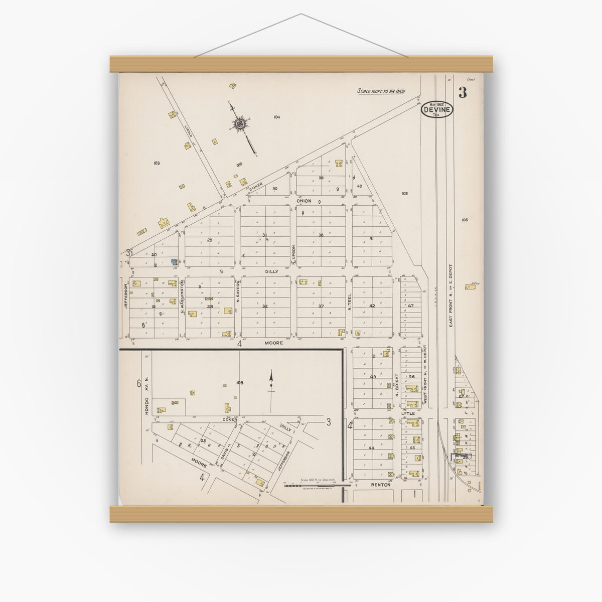 Old map wall art mockup — magnetic wood frame on white wall — Sanborn Fire Insurance Map from Devine, Medina County, Texas (1922), Sheet #0003