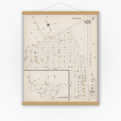 Old map wall art mockup — magnetic wood frame on white wall — Sanborn Fire Insurance Map from Devine, Medina County, Texas (1922), Sheet #0003