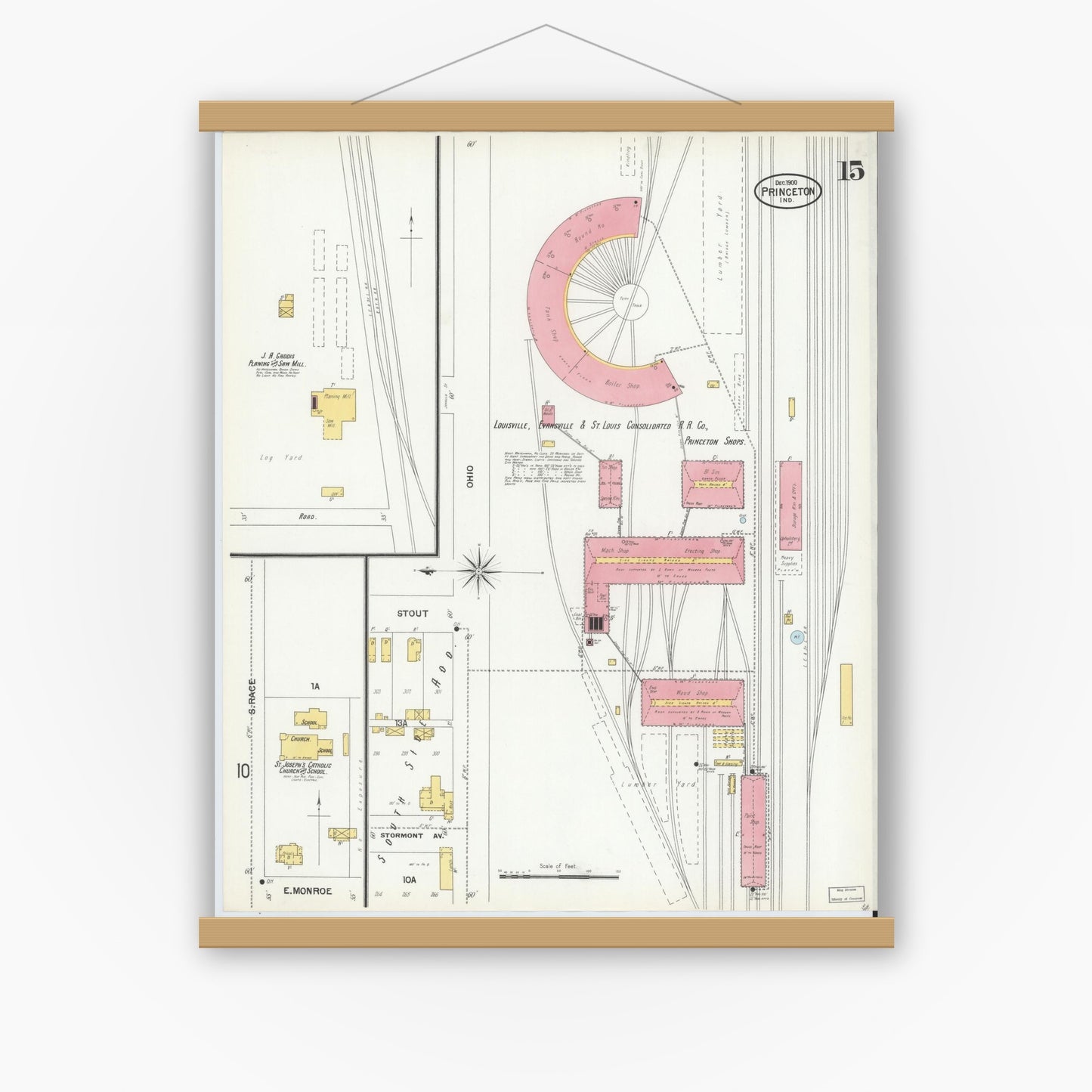 Old map wall art mockup — magnetic wood frame on white wall — Sanborn Fire Insurance Map from Princeton, Gibson County, Indiana (1900), Sheet #0015