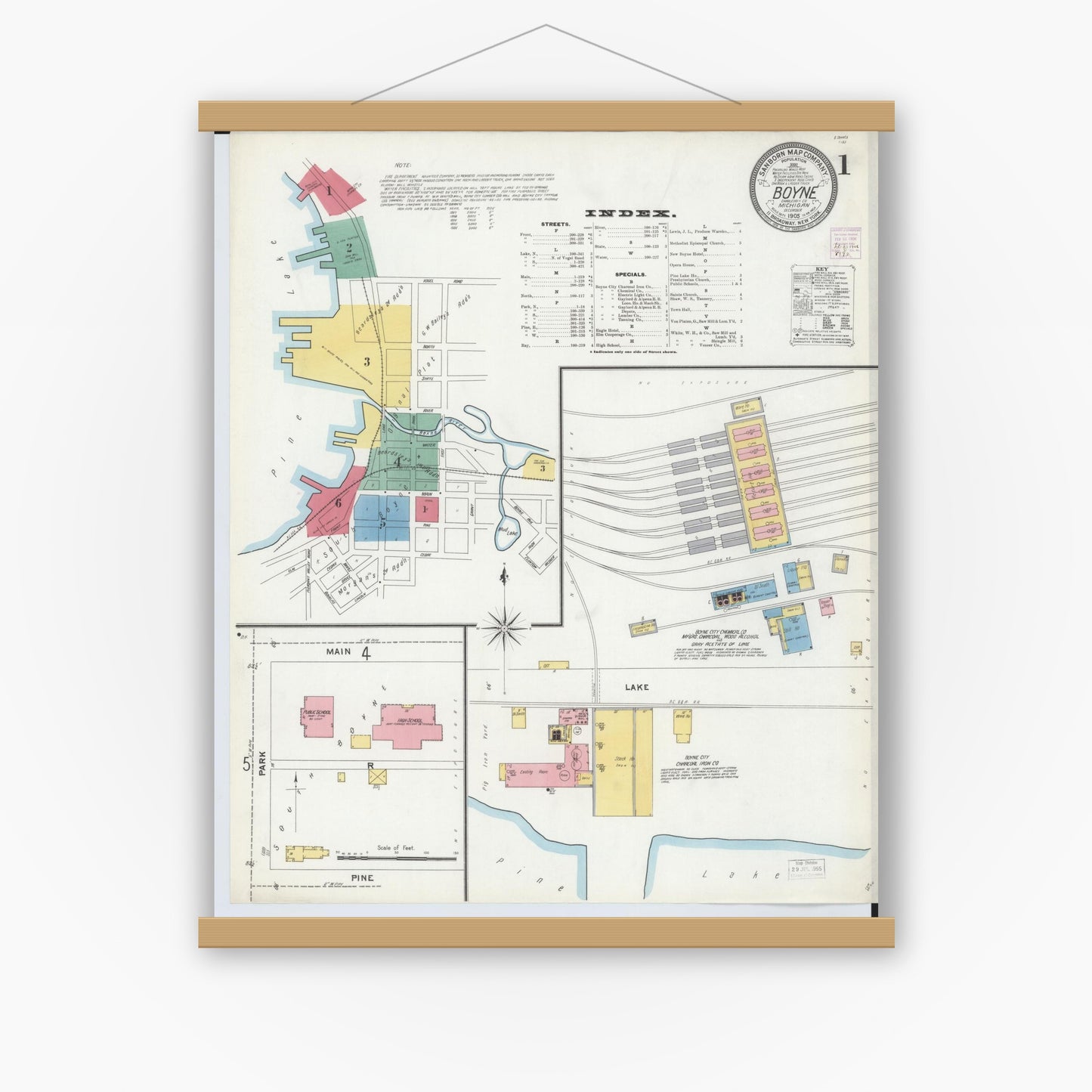 Old map wall art mockup — magnetic wood frame on white wall — Sanborn Fire Insurance Map from Boyne City, Charlevoix County, Michigan (1905) - Complete Map Set