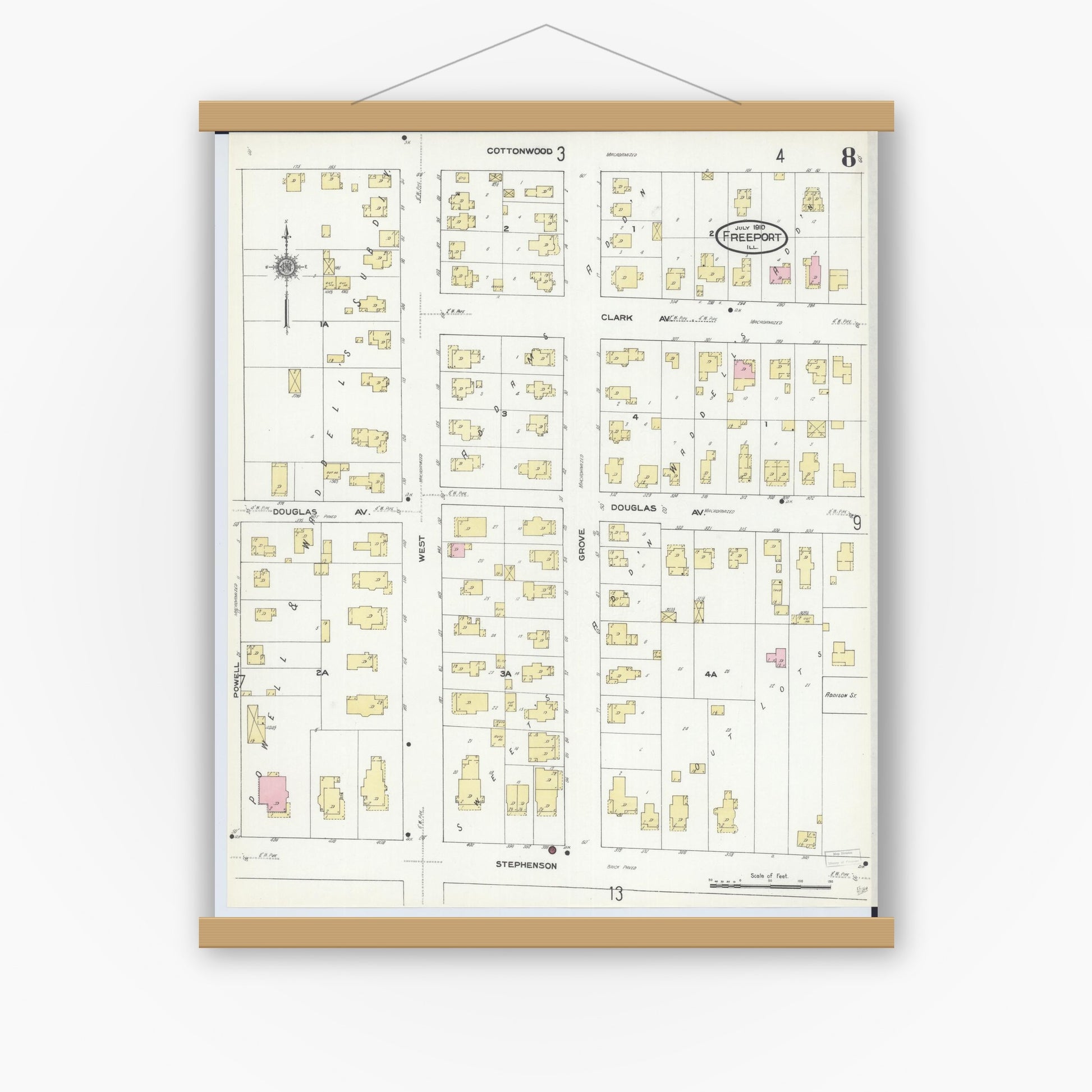 Old map wall art mockup — magnetic wood frame on white wall — Sanborn Fire Insurance Map from Freeport, Stephenson County, Illinois (1910), Sheet #0008