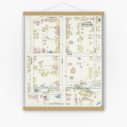 Old map wall art mockup — magnetic wood frame on white wall — Sanborn Fire Insurance Map from Stroudsburg, Monroe County, Pennsylvania (1892), Sheet #0002