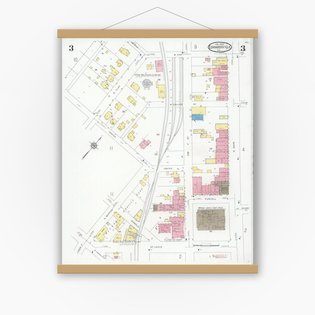Old map wall art mockup — magnetic wood frame on white wall — Sanborn Fire Insurance Map from Edwardsville, Madison County, Illinois (1930), Sheet #0003