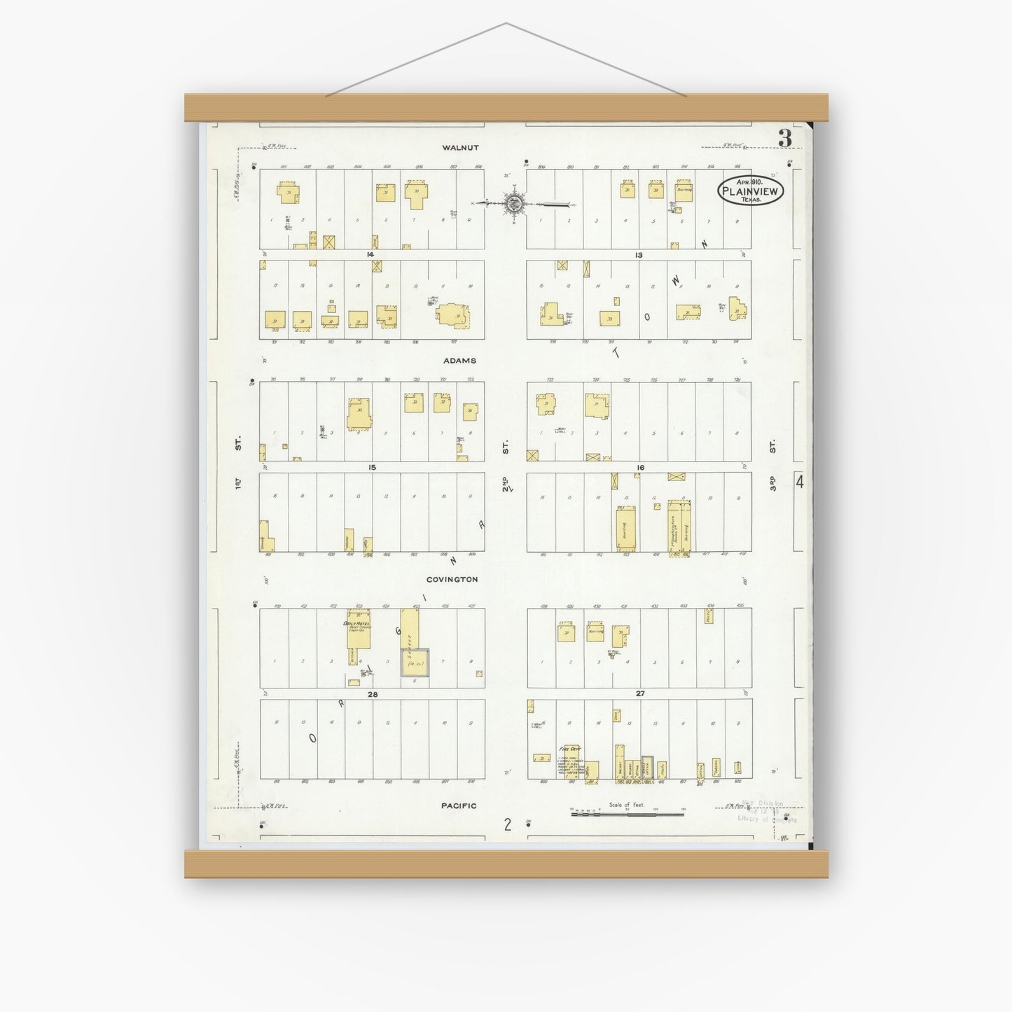 Old map wall art mockup — magnetic wood frame on white wall — Sanborn Fire Insurance Map from Plainview, Hale County, Texas (1910), Sheet #0003