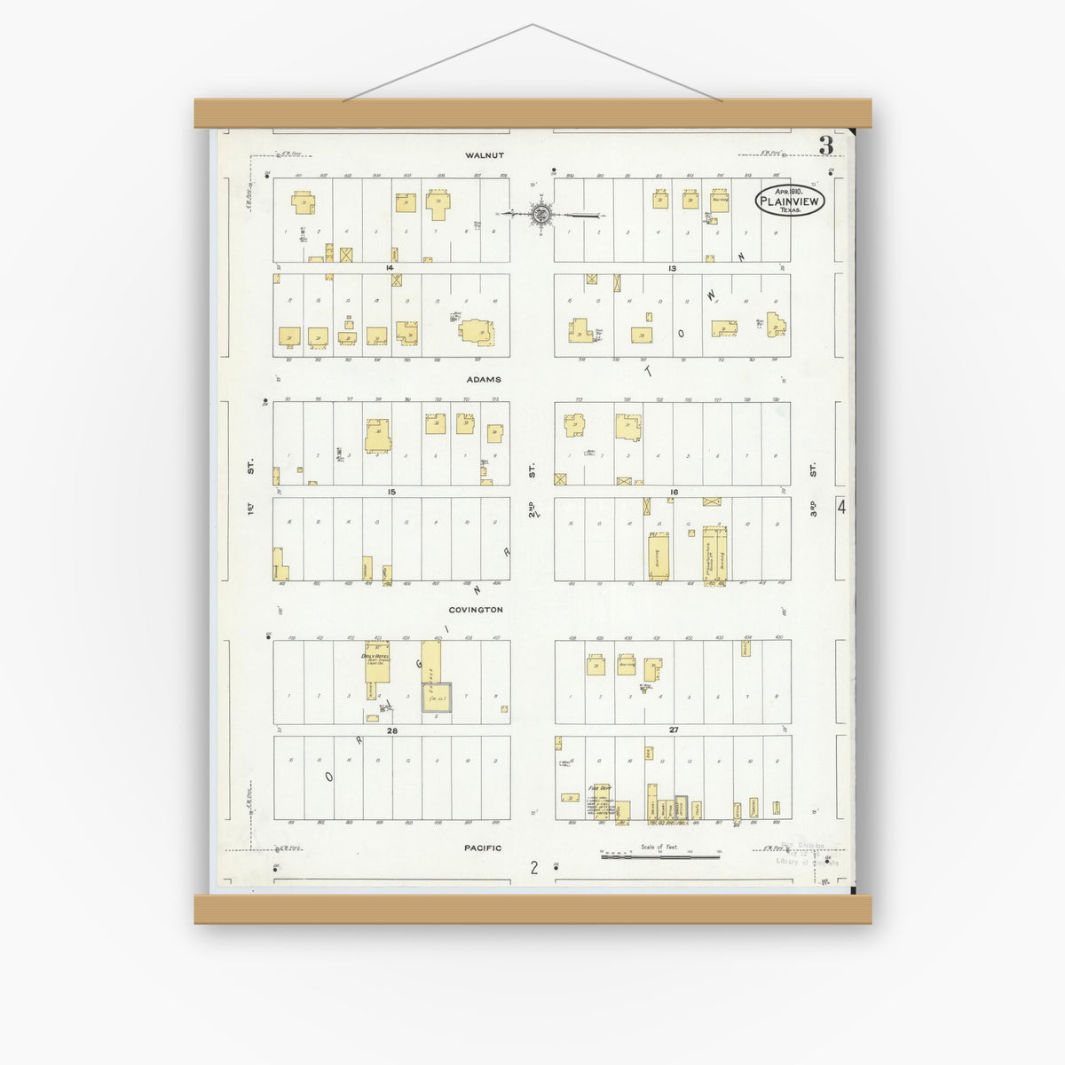 Old map wall art mockup — magnetic wood frame on white wall — Sanborn Fire Insurance Map from Plainview, Hale County, Texas (1910), Sheet #0003