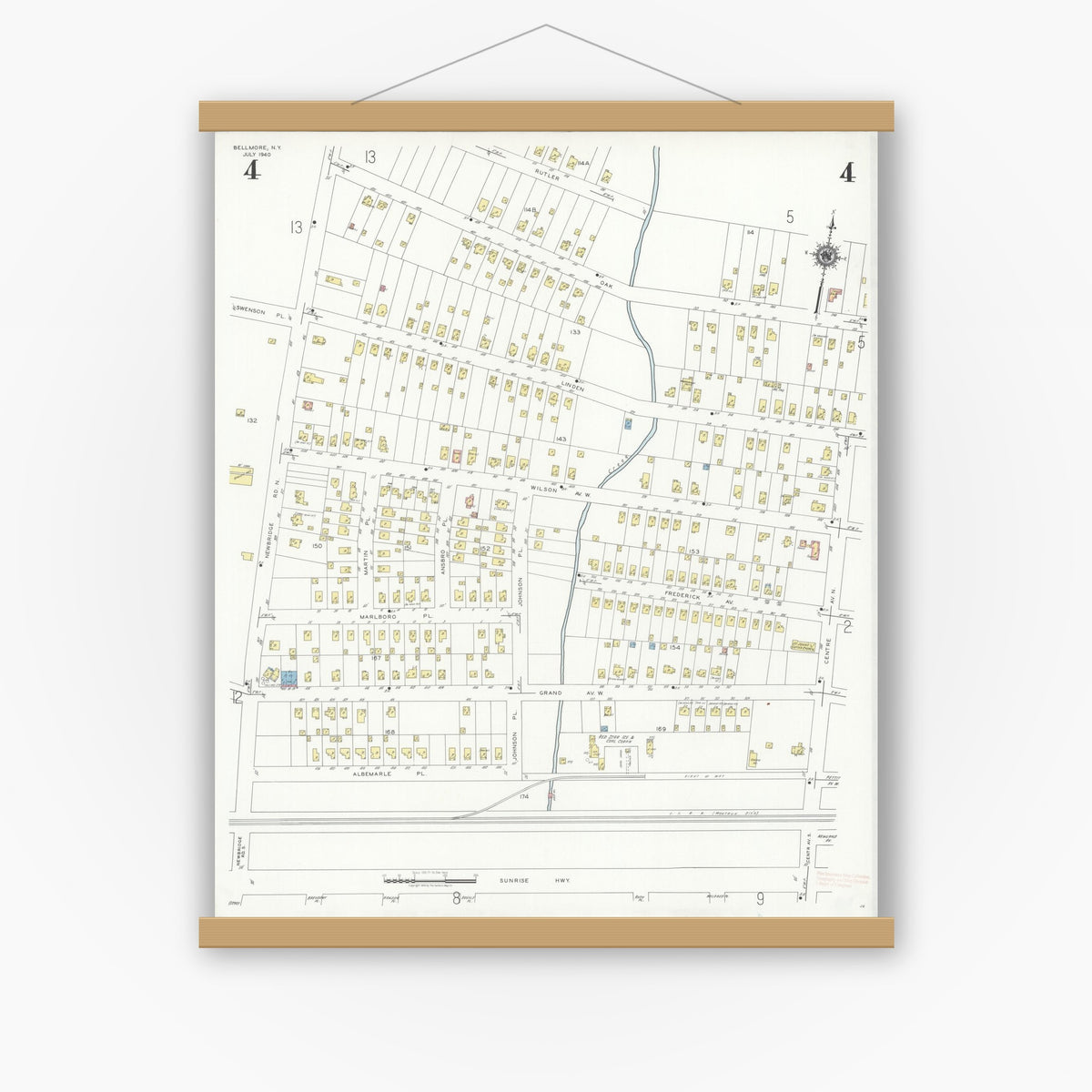 Old map wall art mockup — magnetic wood frame on white wall — Sanborn Fire Insurance Map from Bellmore, Nassau County, New York (1940), Sheet #0004