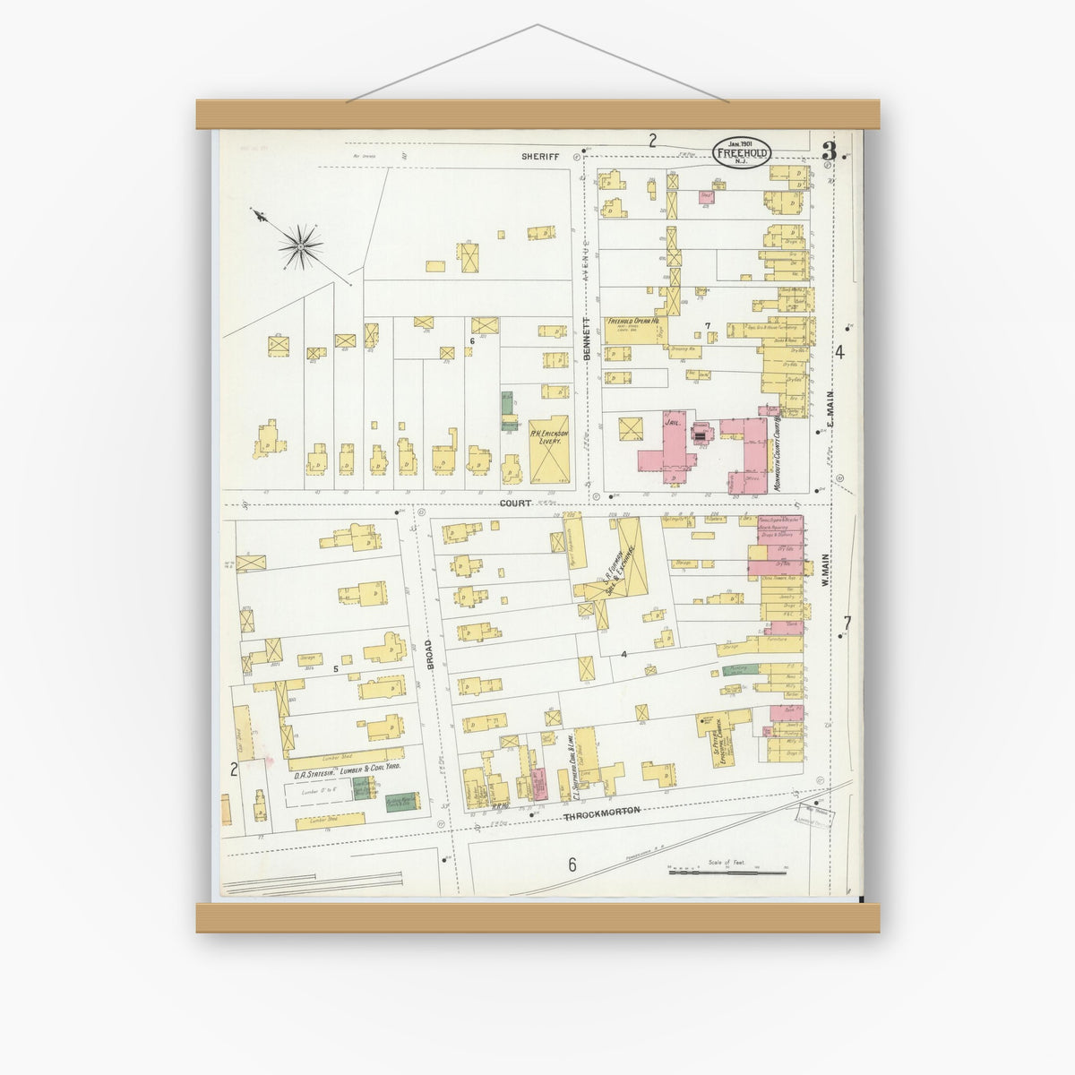 Old map wall art mockup — magnetic wood frame on white wall — Sanborn Fire Insurance Map from Freehold, Monmouth County, New Jersey (1901), Sheet #0003