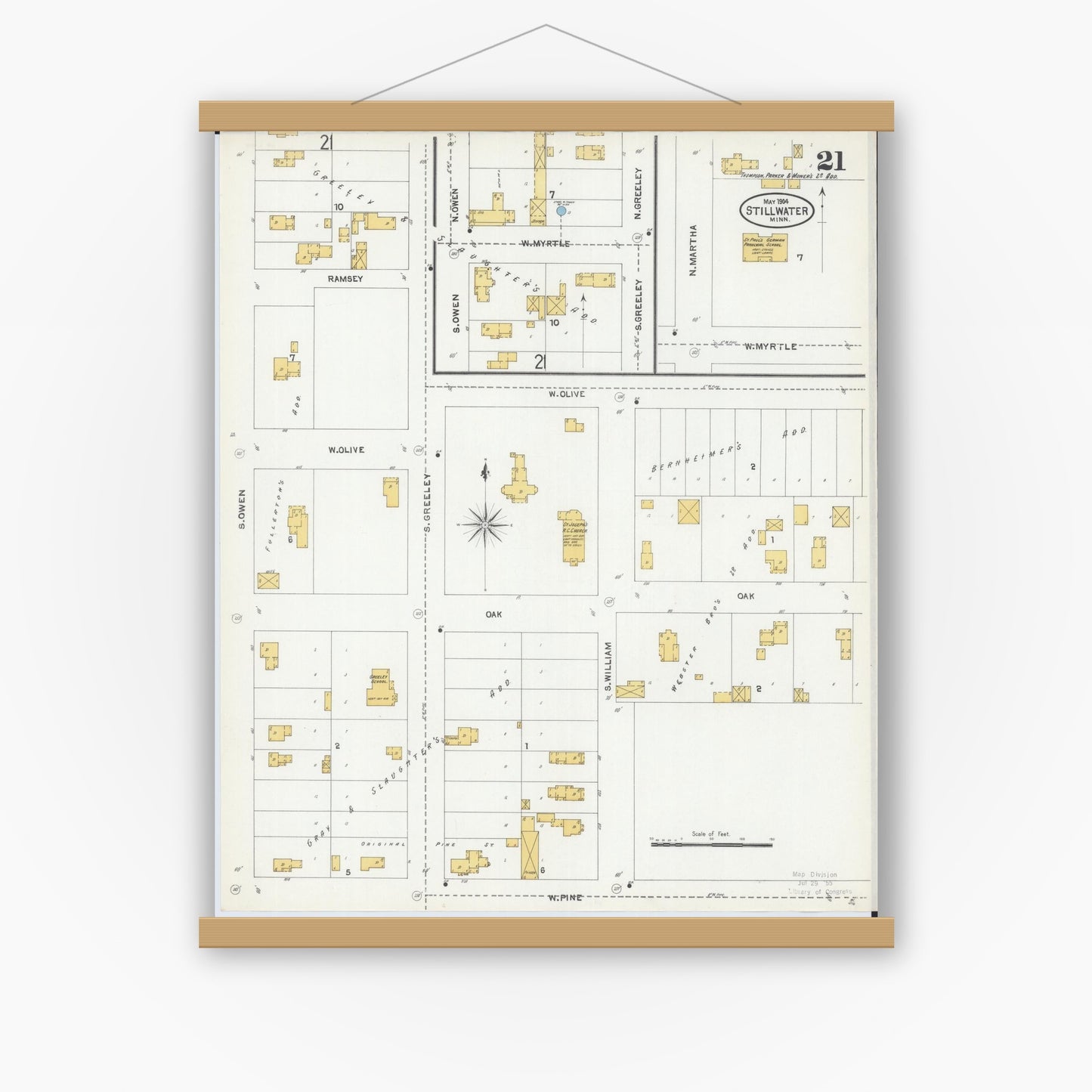 Old map wall art mockup — magnetic wood frame on white wall — Sanborn Fire Insurance Map from Stillwater, Washington County, Minnesota (1904), Sheet #0021
