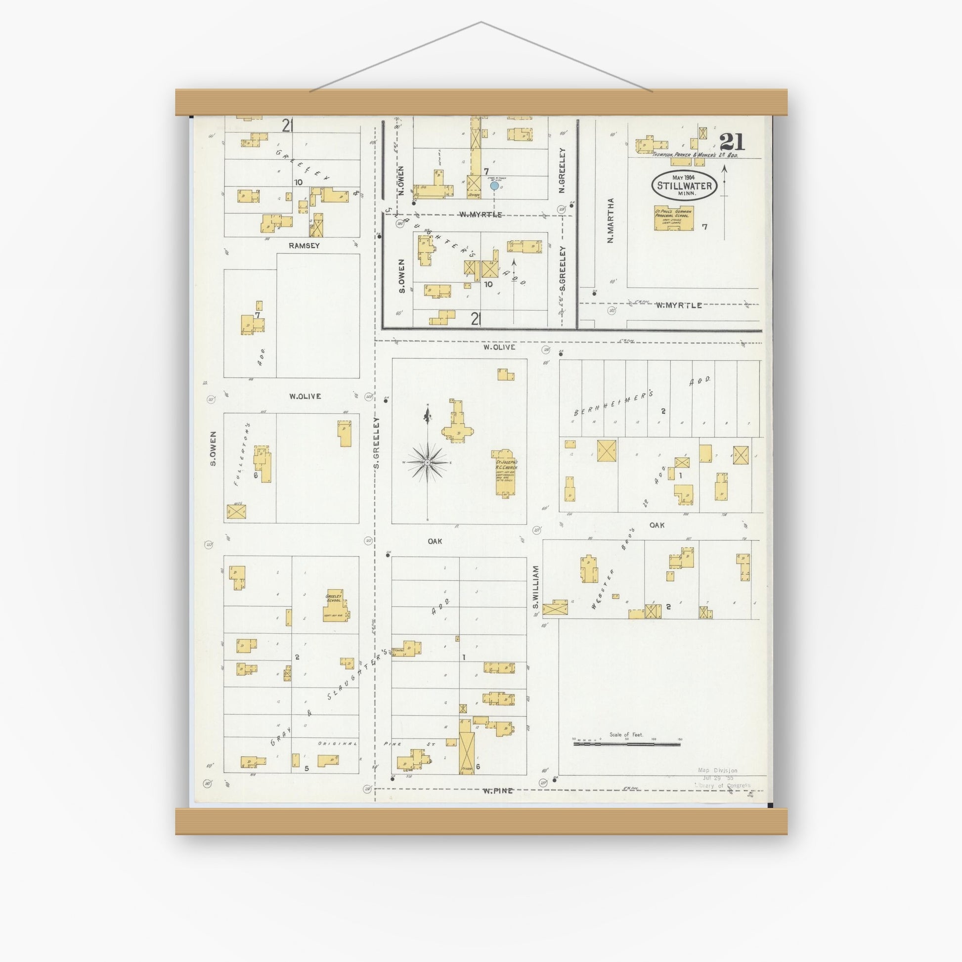 Old map wall art mockup — magnetic wood frame on white wall — Sanborn Fire Insurance Map from Stillwater, Washington County, Minnesota (1904), Sheet #0021